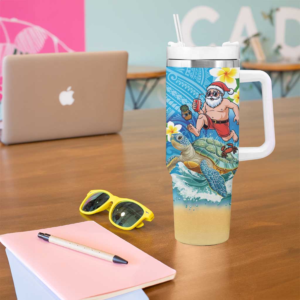 Polynesian Merry Christmas Tumbler With Handle Funny Santa with Sea Turtle Beach Plumeria - Polynesian Pride
