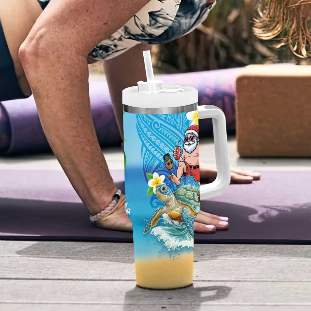 Polynesian Merry Christmas Tumbler With Handle Funny Santa with Sea Turtle Beach Plumeria - Polynesian Pride