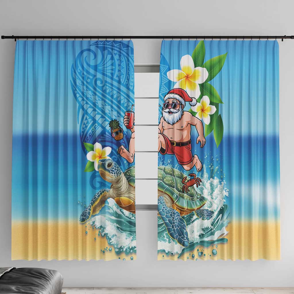 Polynesian Merry Christmas Window Curtain Funny Santa with Sea Turtle Beach Plumeria LT03 With Hooks Multicolor - Polynesian Pride