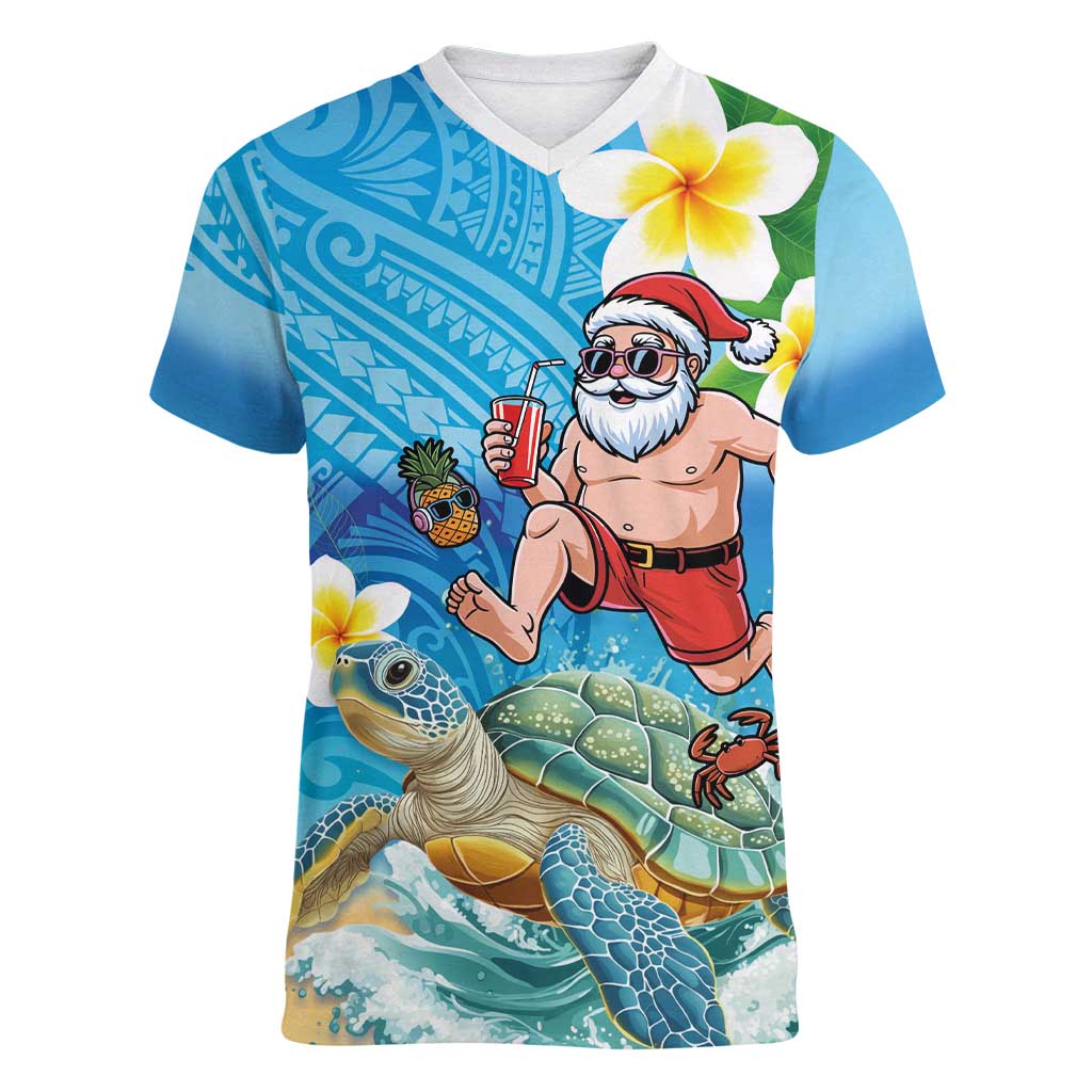 Polynesian Merry Christmas Women V-Neck T-Shirt Funny Santa with Sea Turtle Beach Plumeria - Polynesian Pride