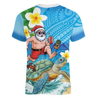 Polynesian Merry Christmas Women V-Neck T-Shirt Funny Santa with Sea Turtle Beach Plumeria - Polynesian Pride