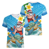 Polynesian Merry Christmas Women V-Neck T-Shirt Funny Santa with Sea Turtle Beach Plumeria - Polynesian Pride