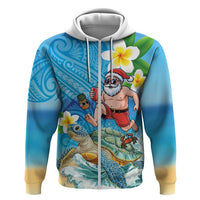 Polynesian Merry Christmas Zip Hoodie Funny Santa with Sea Turtle Beach Plumeria LT03 Zip Hoodie Multicolor - Polynesian Pride