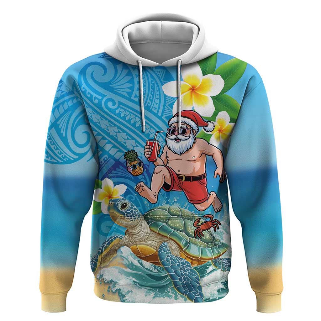 Polynesian Merry Christmas Zip Hoodie Funny Santa with Sea Turtle Beach Plumeria LT03 Pullover Hoodie Multicolor - Polynesian Pride
