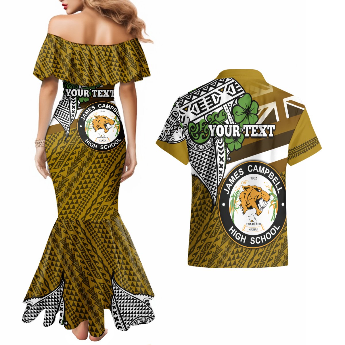 Hawaii James Campbell High School Couples Matching Mermaid Dress and Hawaiian Shirt Kakau Pattern Gold Color Version LT03 - Polynesian Pride