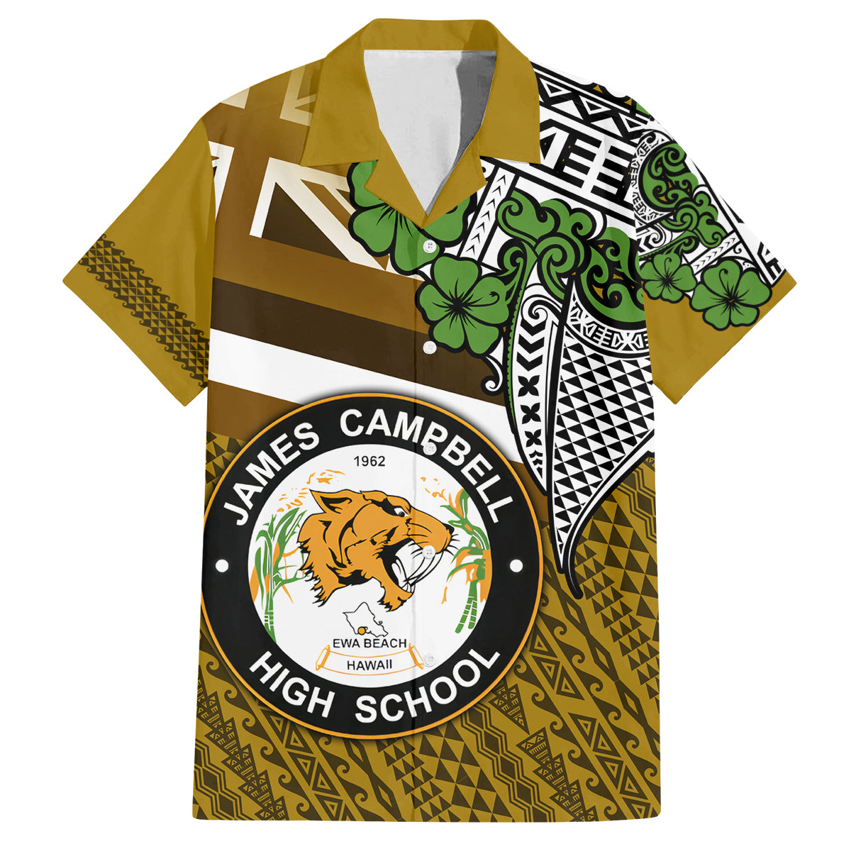 Hawaii James Campbell High School Family Matching Off Shoulder Maxi Dress and Hawaiian Shirt Kakau Pattern Gold Color Version LT03 Dad's Shirt - Short Sleeve Gold - Polynesian Pride
