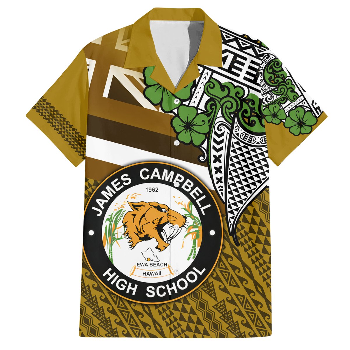 Hawaii James Campbell High School Hawaiian Shirt Kakau Pattern Gold Color Version LT03 Gold - Polynesian Pride