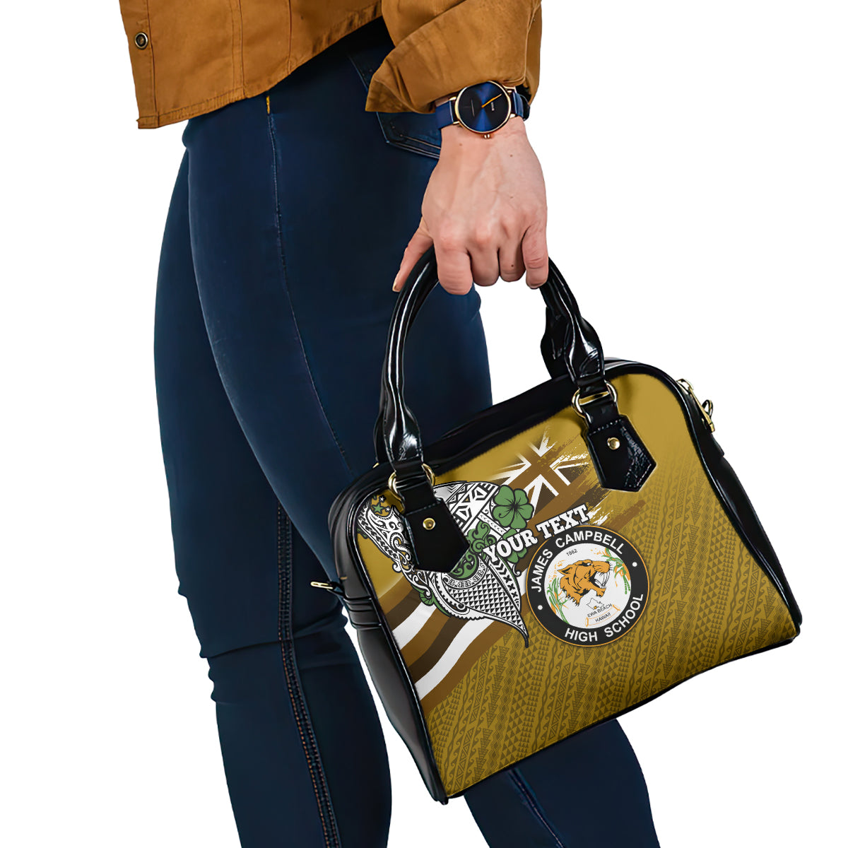 Hawaii James Campbell High School Shoulder Handbag Kakau Pattern Gold Color Version LT03 - Polynesian Pride