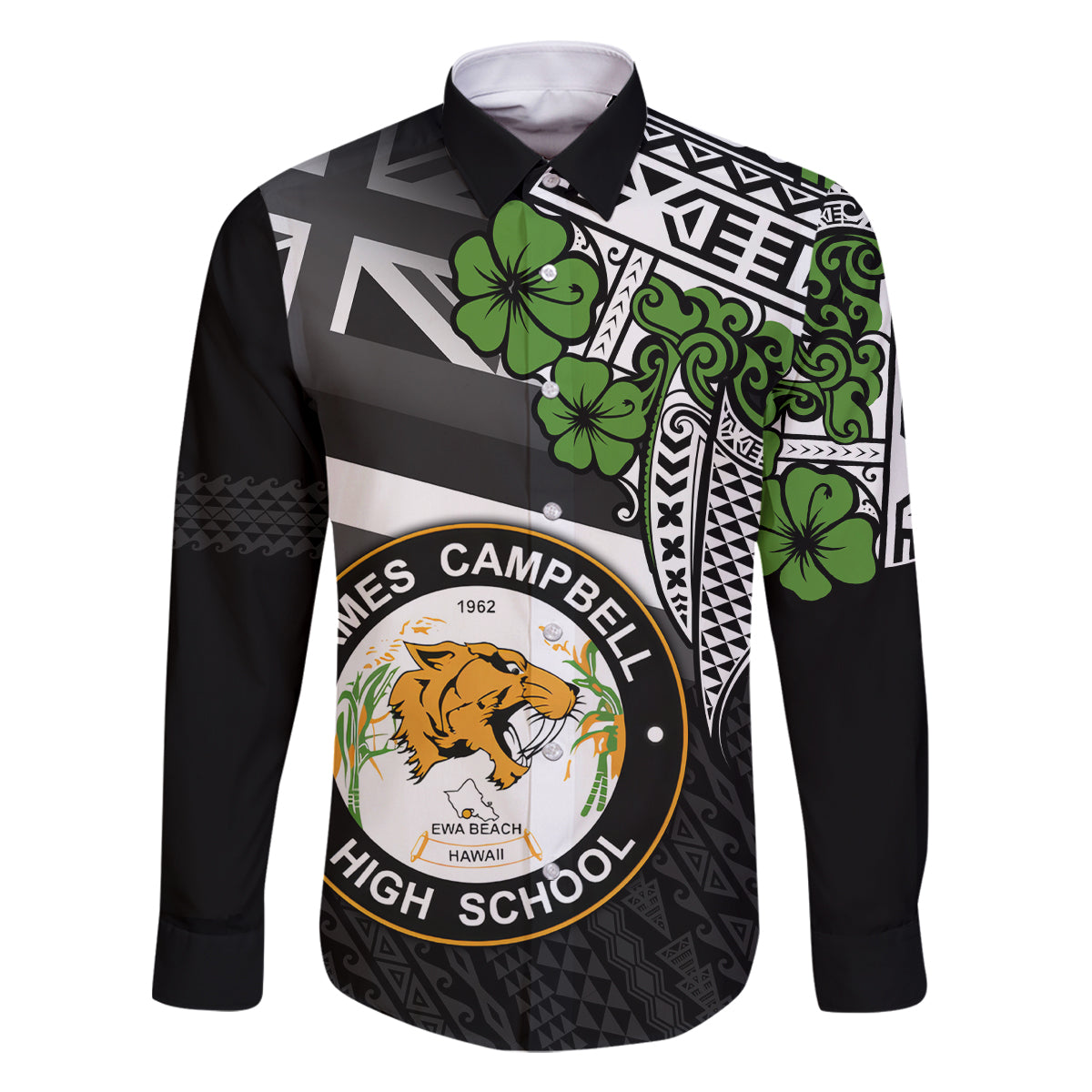 Hawaii James Campbell High School Family Matching Off Shoulder Short Dress and Hawaiian Shirt Kakau Pattern Black Version LT03 Dad's Shirt - Long Sleeve Black - Polynesian Pride
