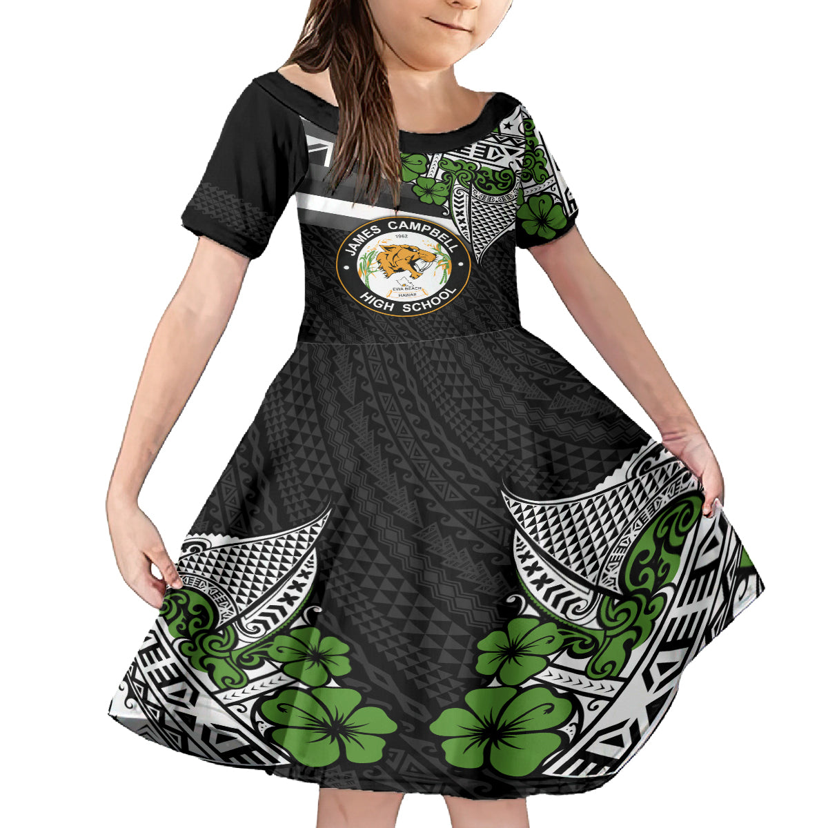 Hawaii James Campbell High School Family Matching Tank Maxi Dress and Hawaiian Shirt Kakau Pattern Black Version LT03 Daughter's Dress Black - Polynesian Pride