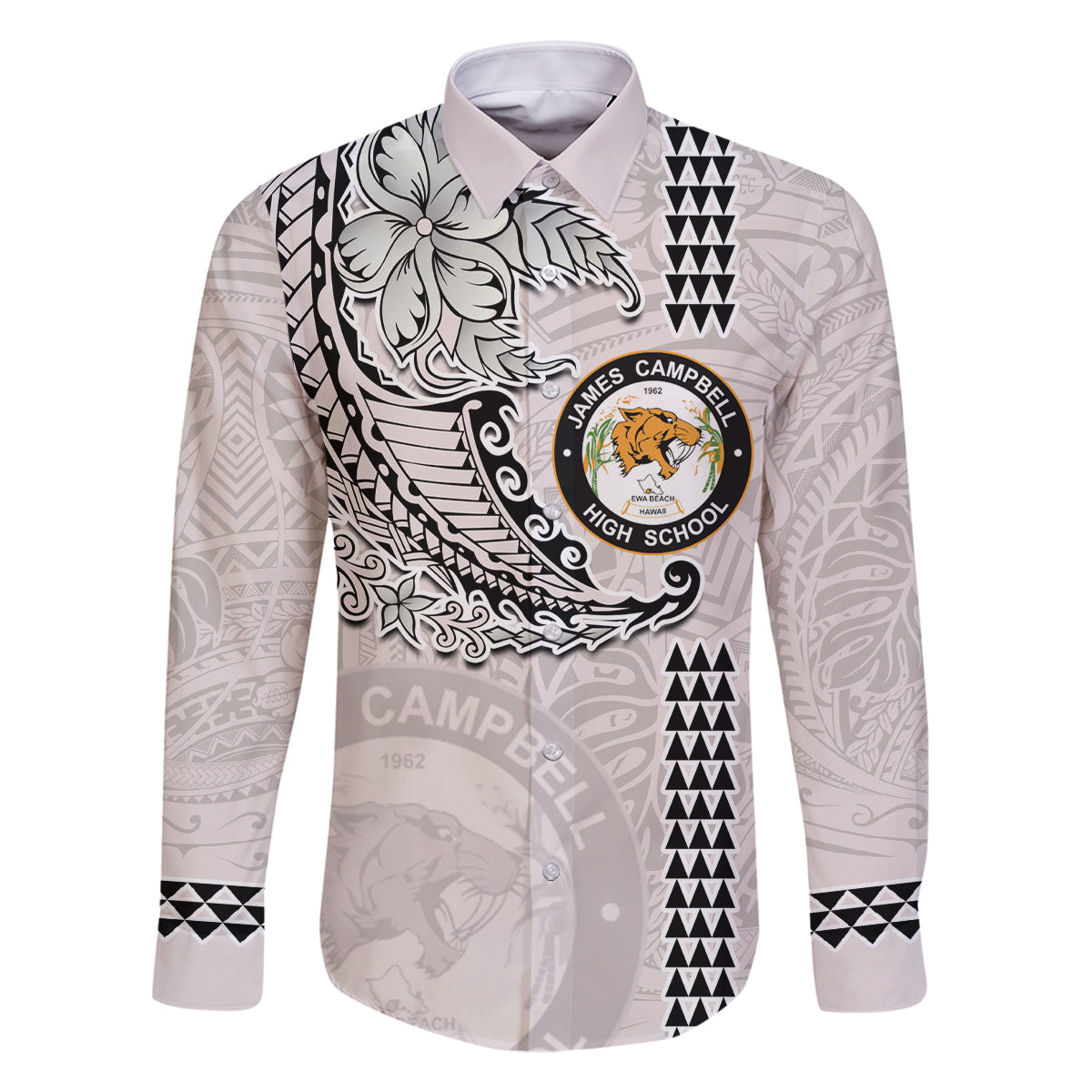 Custom Hawaii James Campbell High School Family Matching Off Shoulder Long Sleeve Dress and Hawaiian Shirt Tribal Kakau Pattern LT03 Dad's Shirt - Long Sleeve White - Polynesian Pride