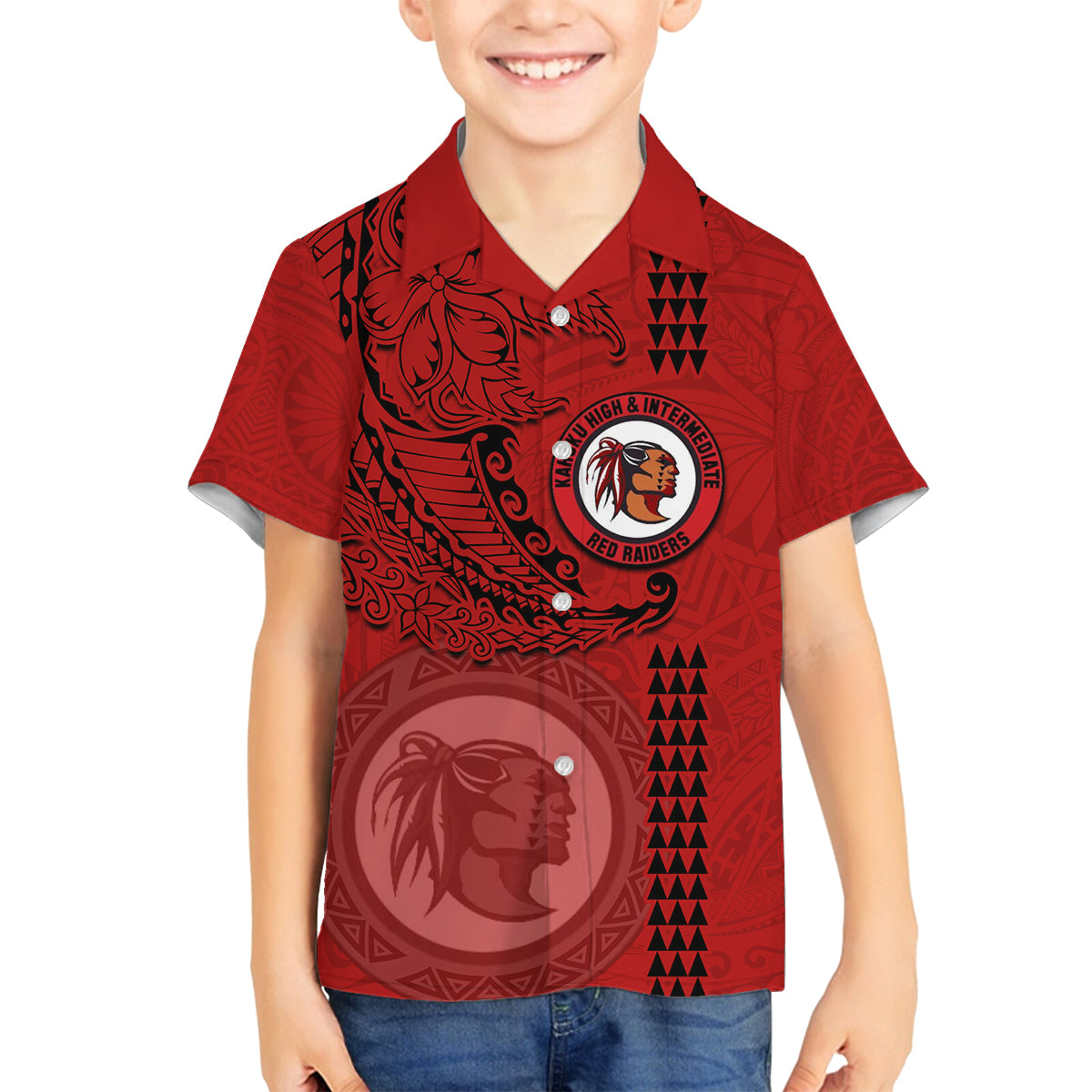 Hawaii Kahuku High & Intermediate School Family Matching Off Shoulder Maxi Dress and Hawaiian Shirt Tribal Kakau Pattern LT03 Son's Shirt Red - Polynesian Pride