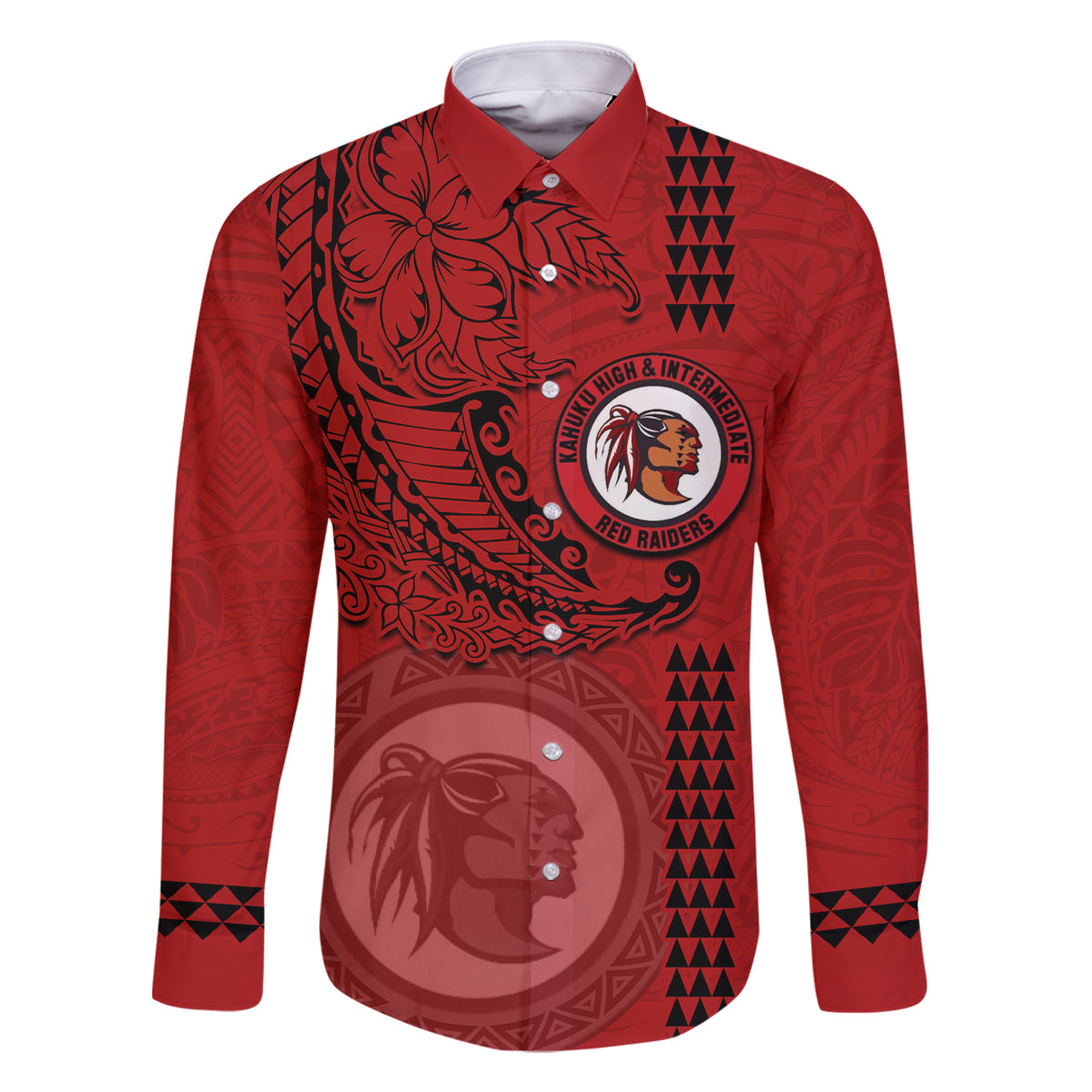 Hawaii Kahuku High & Intermediate School Family Matching Tank Maxi Dress and Hawaiian Shirt Tribal Kakau Pattern LT03 Dad's Shirt - Long Sleeve Red - Polynesian Pride