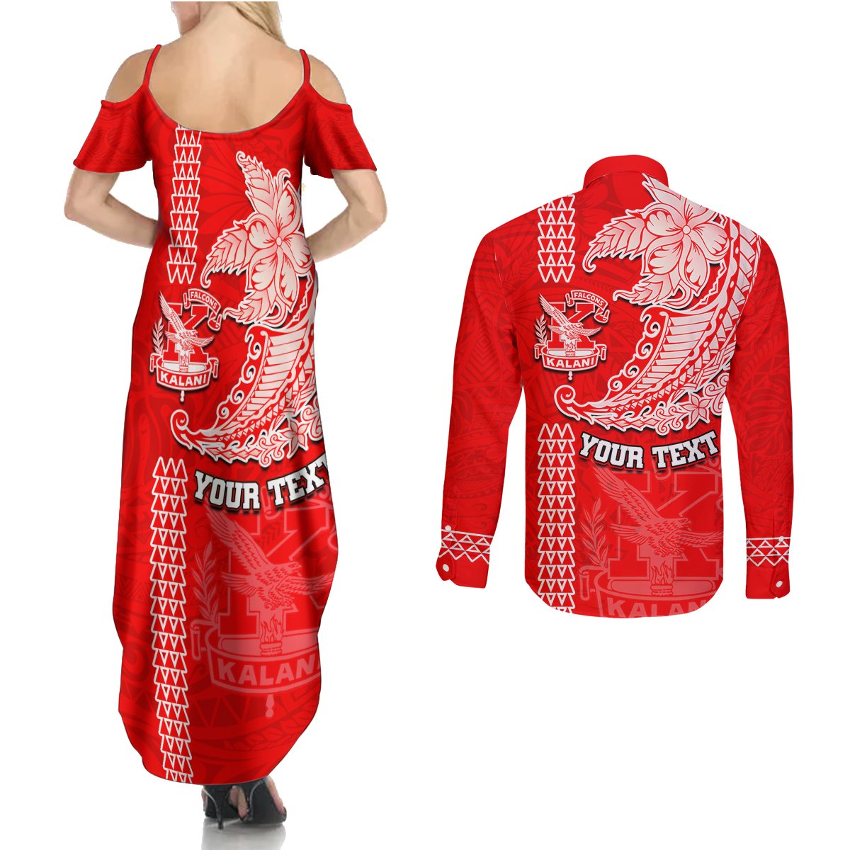 Hawaii Kalani High School Couples Matching Summer Maxi Dress and Long Sleeve Button Shirt Tribal Kakau Pattern LT03 - Polynesian Pride