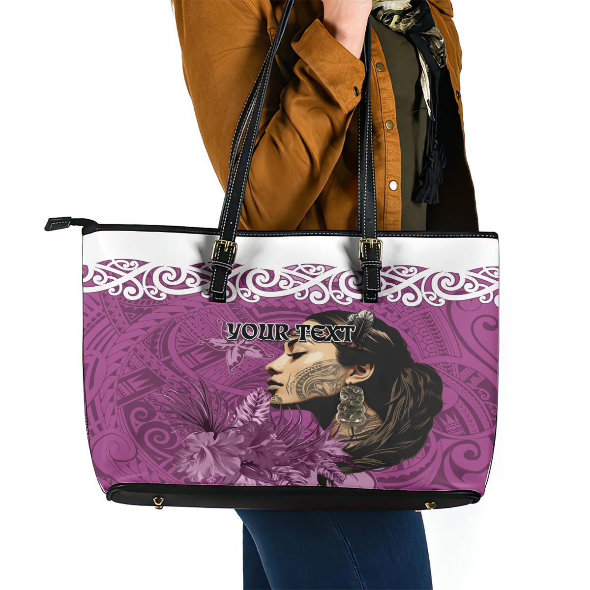 Custom New Zealand Womens Day Leather Tote Bag Traditional Maori Woman Polynesian Pattern Pink Color LT03 - Polynesian Pride