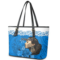 Custom New Zealand Womens Day Leather Tote Bag Traditional Maori Woman Polynesian Pattern Blue Color LT03 - Polynesian Pride
