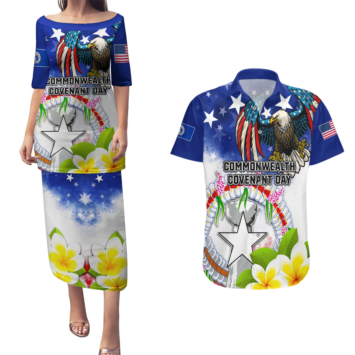 Custom Northern Mariana Islands Commonwealth Covenant Day Couples Matching Puletasi and Hawaiian Shirt Plumeria Flower Splash Style LT03 Blue - Polynesian Pride