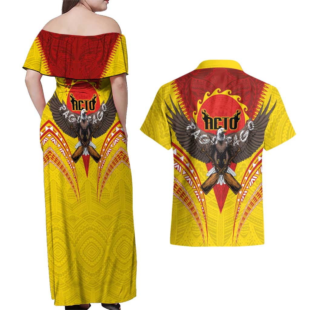 American Samoa Fautasi Race Couples Matching Off Shoulder Maxi Dress and Hawaiian Shirt Pago Pago-Aeto Samoan Tattoo and Eagle LT03 - Polynesian Pride