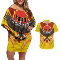 American Samoa Fautasi Race Couples Matching Off Shoulder Short Dress and Hawaiian Shirt Pago Pago-Aeto Samoan Tattoo and Eagle LT03 Yellow - Polynesian Pride