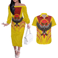 American Samoa Fautasi Race Couples Matching Off The Shoulder Long Sleeve Dress and Hawaiian Shirt Pago Pago-Aeto Samoan Tattoo and Eagle LT03 Yellow - Polynesian Pride