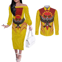 American Samoa Fautasi Race Couples Matching Off The Shoulder Long Sleeve Dress and Long Sleeve Button Shirt Pago Pago-Aeto Samoan Tattoo and Eagle LT03 Yellow - Polynesian Pride