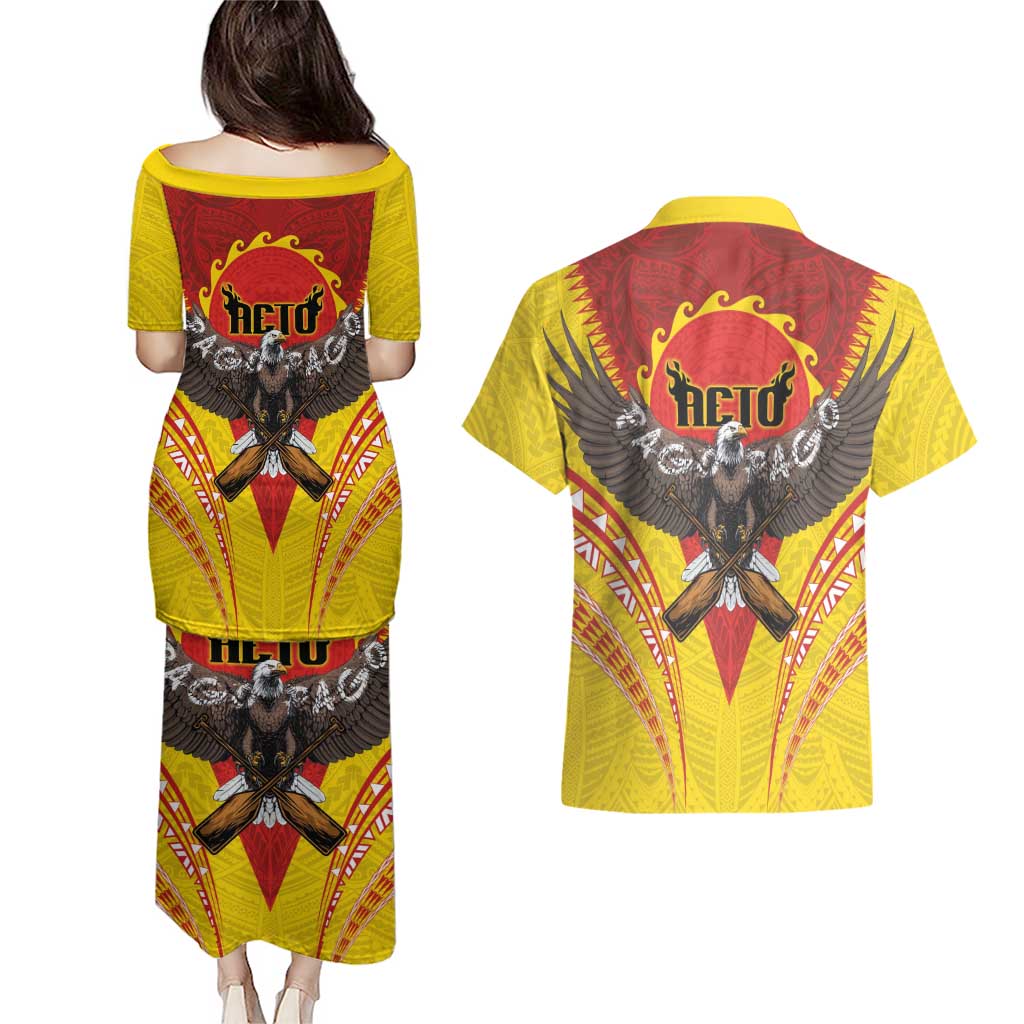 American Samoa Fautasi Race Couples Matching Puletasi and Hawaiian Shirt Pago Pago-Aeto Samoan Tattoo and Eagle