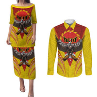 American Samoa Fautasi Race Couples Matching Puletasi and Long Sleeve Button Shirt Pago Pago-Aeto Samoan Tattoo and Eagle