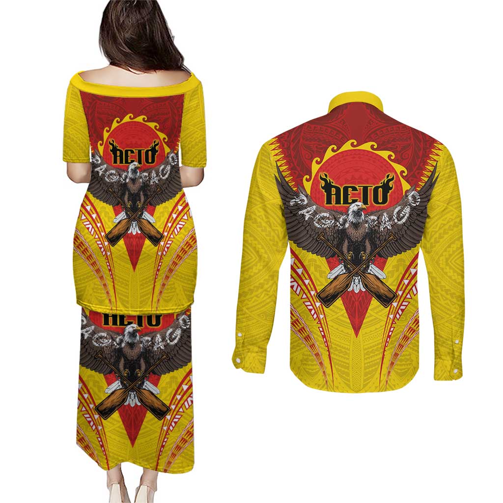 American Samoa Fautasi Race Couples Matching Puletasi and Long Sleeve Button Shirt Pago Pago-Aeto Samoan Tattoo and Eagle