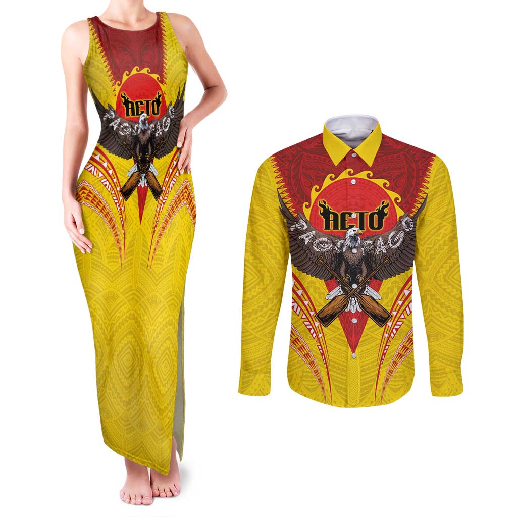 American Samoa Fautasi Race Couples Matching Tank Maxi Dress and Long Sleeve Button Shirt Pago Pago-Aeto Samoan Tattoo and Eagle