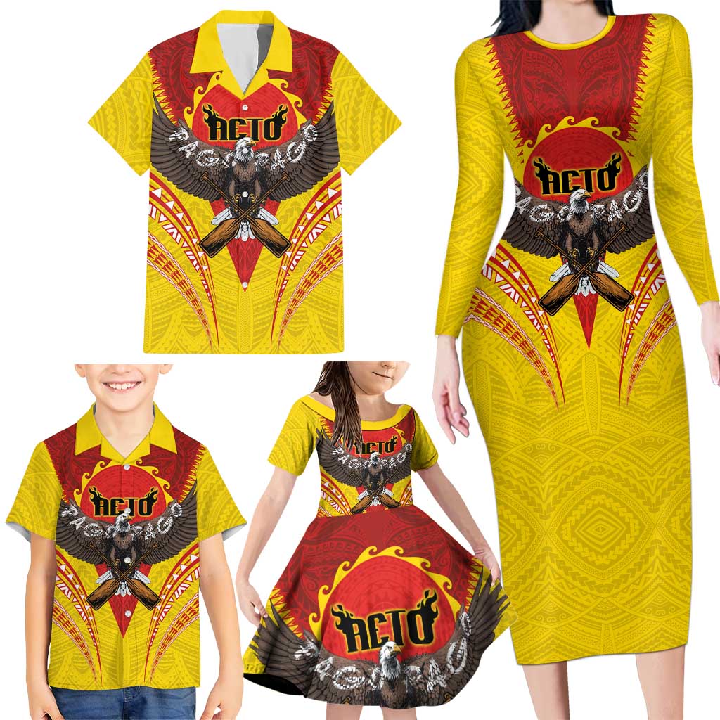 American Samoa Fautasi Race Family Matching Long Sleeve Bodycon Dress and Hawaiian Shirt Pago Pago-Aeto Samoan Tattoo and Eagle