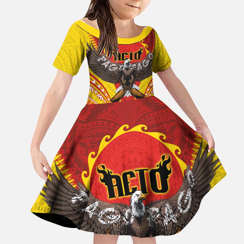 American Samoa Fautasi Race Family Matching Off The Shoulder Long Sleeve Dress and Hawaiian Shirt Pago Pago-Aeto Samoan Tattoo and Eagle LT03 Daughter's Dress Yellow - Polynesian Pride