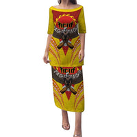 American Samoa Fautasi Race Family Matching Puletasi and Hawaiian Shirt Pago Pago-Aeto Samoan Tattoo and Eagle LT03 Mom's Dress Yellow - Polynesian Pride