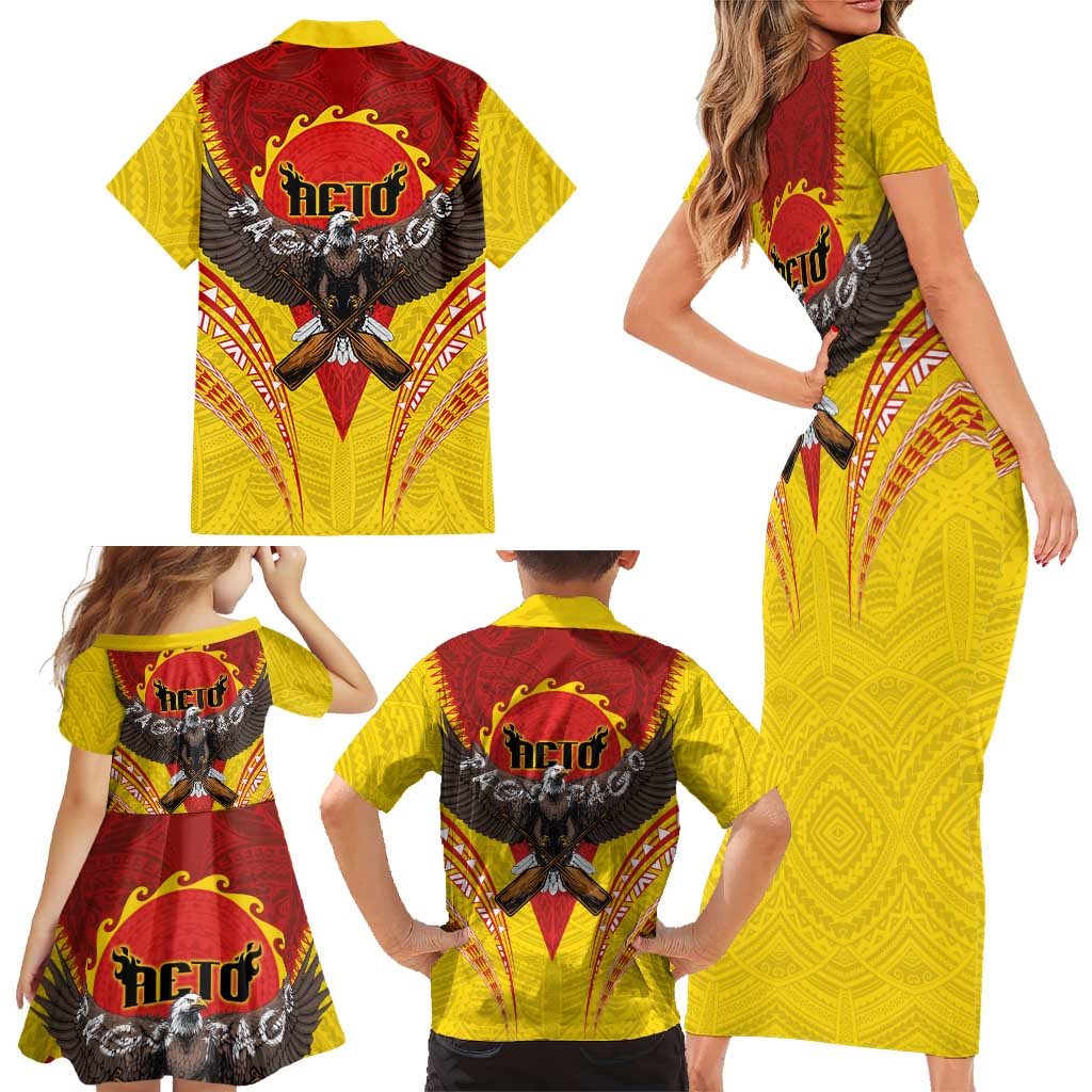American Samoa Fautasi Race Family Matching Short Sleeve Bodycon Dress and Hawaiian Shirt Pago Pago-Aeto Samoan Tattoo and Eagle LT03 - Polynesian Pride