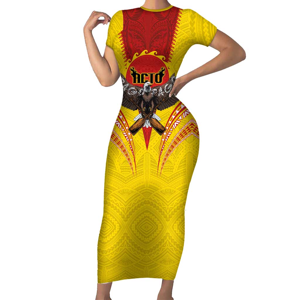 American Samoa Fautasi Race Family Matching Short Sleeve Bodycon Dress and Hawaiian Shirt Pago Pago-Aeto Samoan Tattoo and Eagle LT03 Mom's Dress Yellow - Polynesian Pride