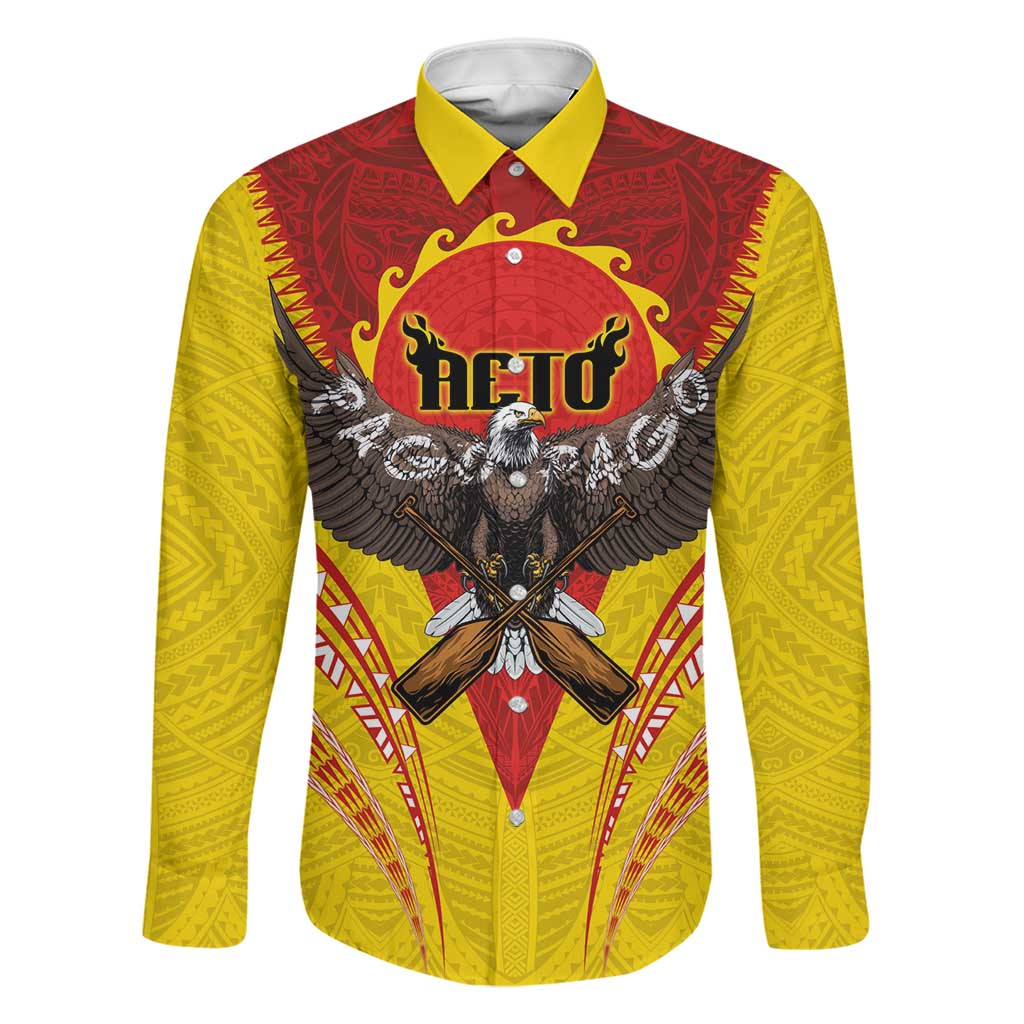 American Samoa Fautasi Race Family Matching Summer Maxi Dress and Hawaiian Shirt Pago Pago-Aeto Samoan Tattoo and Eagle LT03 Dad's Shirt - Long Sleeve Yellow - Polynesian Pride