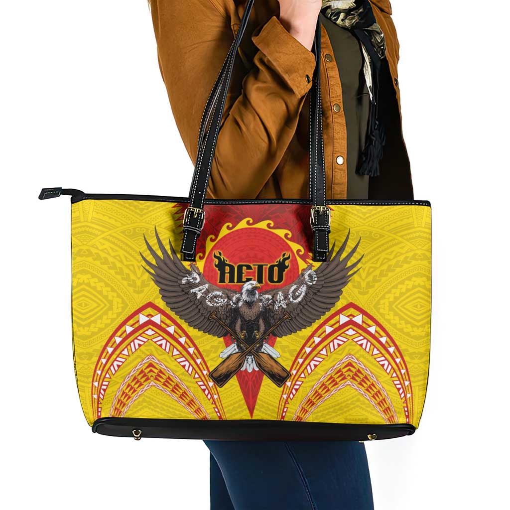 American Samoa Fautasi Race Leather Tote Bag Pago Pago-Aeto Samoan Tattoo and Eagle