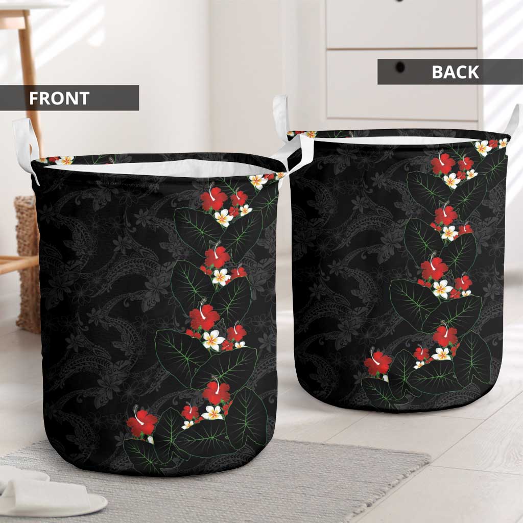 Hawaiian Taro Leaves-Hibiscus and Plumeria Laundry Basket Floral Tribal Tattoo Motif