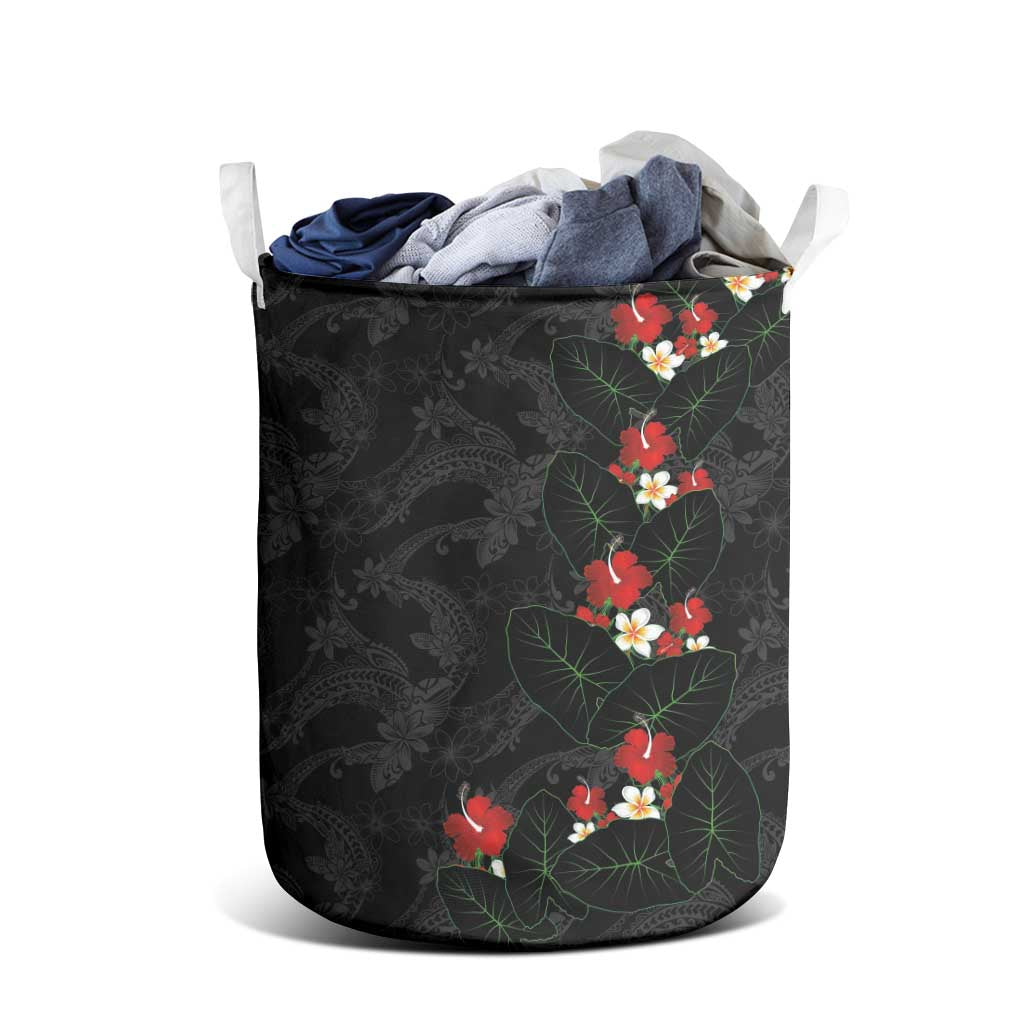 Hawaiian Taro Leaves-Hibiscus and Plumeria Laundry Basket Floral Tribal Tattoo Motif
