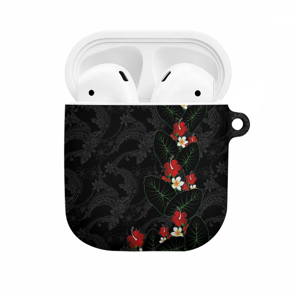 Hawaiian Taro Leaves-Hibiscus and Plumeria AirPods Case Floral Tribal Tattoo Motif LT03 Black - Polynesian Pride