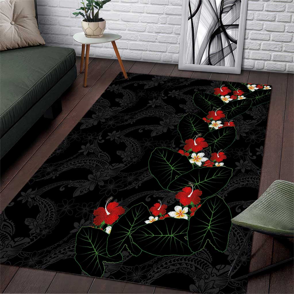 Hawaiian Taro Leaves-Hibiscus and Plumeria Area Rug Floral Tribal Tattoo Motif LT03 Black - Polynesian Pride