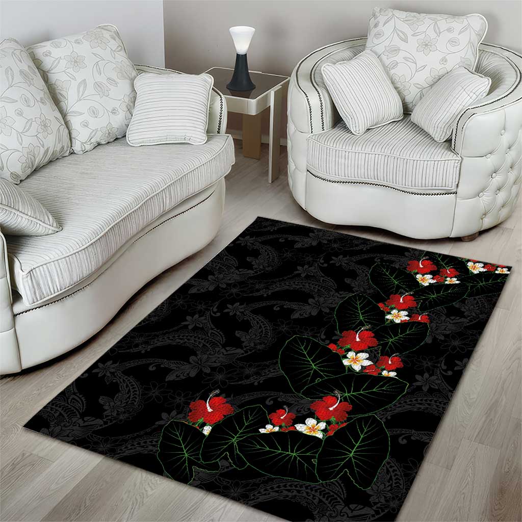 Hawaiian Taro Leaves-Hibiscus and Plumeria Area Rug Floral Tribal Tattoo Motif LT03 - Polynesian Pride