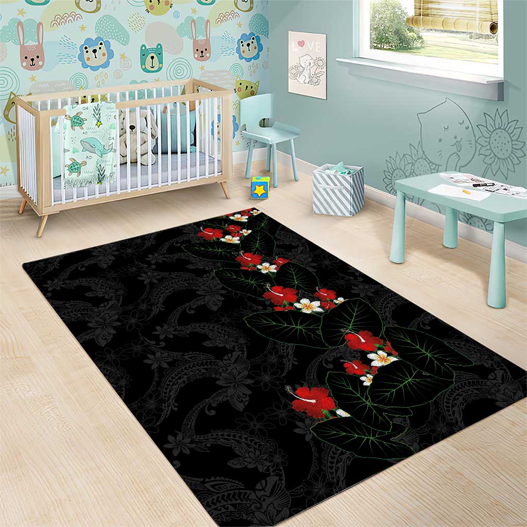 Hawaiian Taro Leaves-Hibiscus and Plumeria Area Rug Floral Tribal Tattoo Motif LT03 - Polynesian Pride