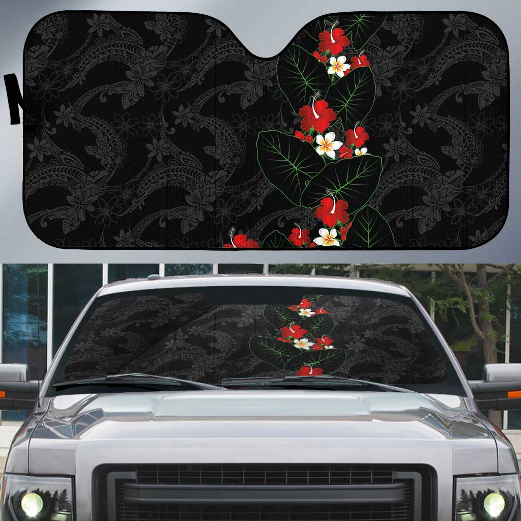 Hawaiian Taro Leaves-Hibiscus and Plumeria Auto Sun Shade Floral Tribal Tattoo Motif LT03 Black - Polynesian Pride