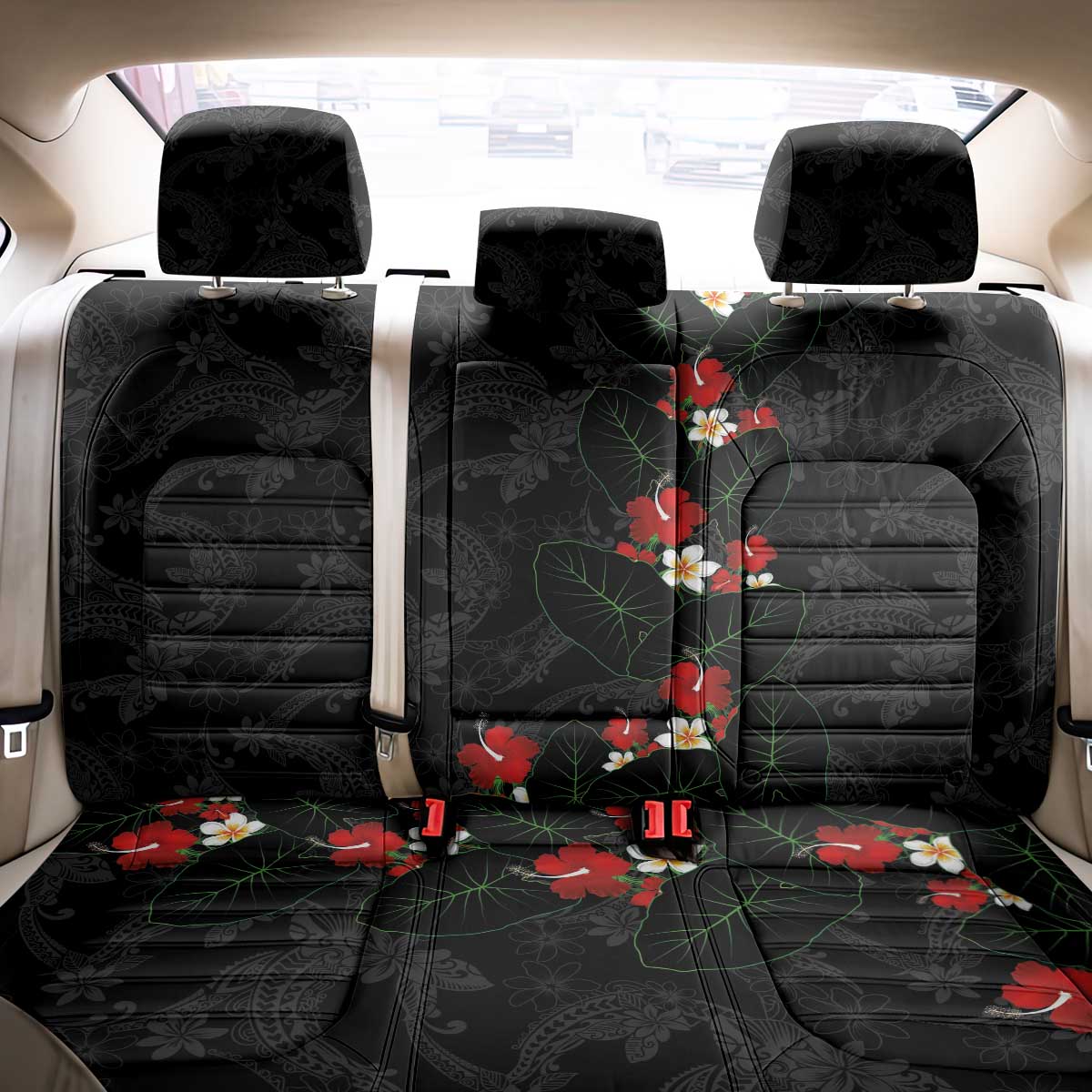 Hawaiian Taro Leaves-Hibiscus and Plumeria Back Car Seat Cover Floral Tribal Tattoo Motif LT03 - Polynesian Pride