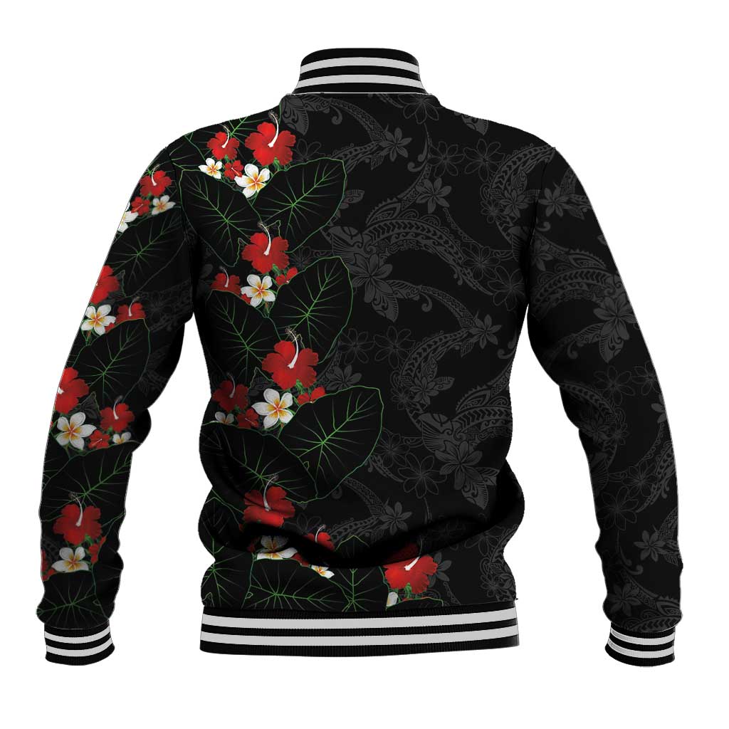 Hawaiian Taro Leaves-Hibiscus and Plumeria Baseball Jacket Floral Tribal Tattoo Motif