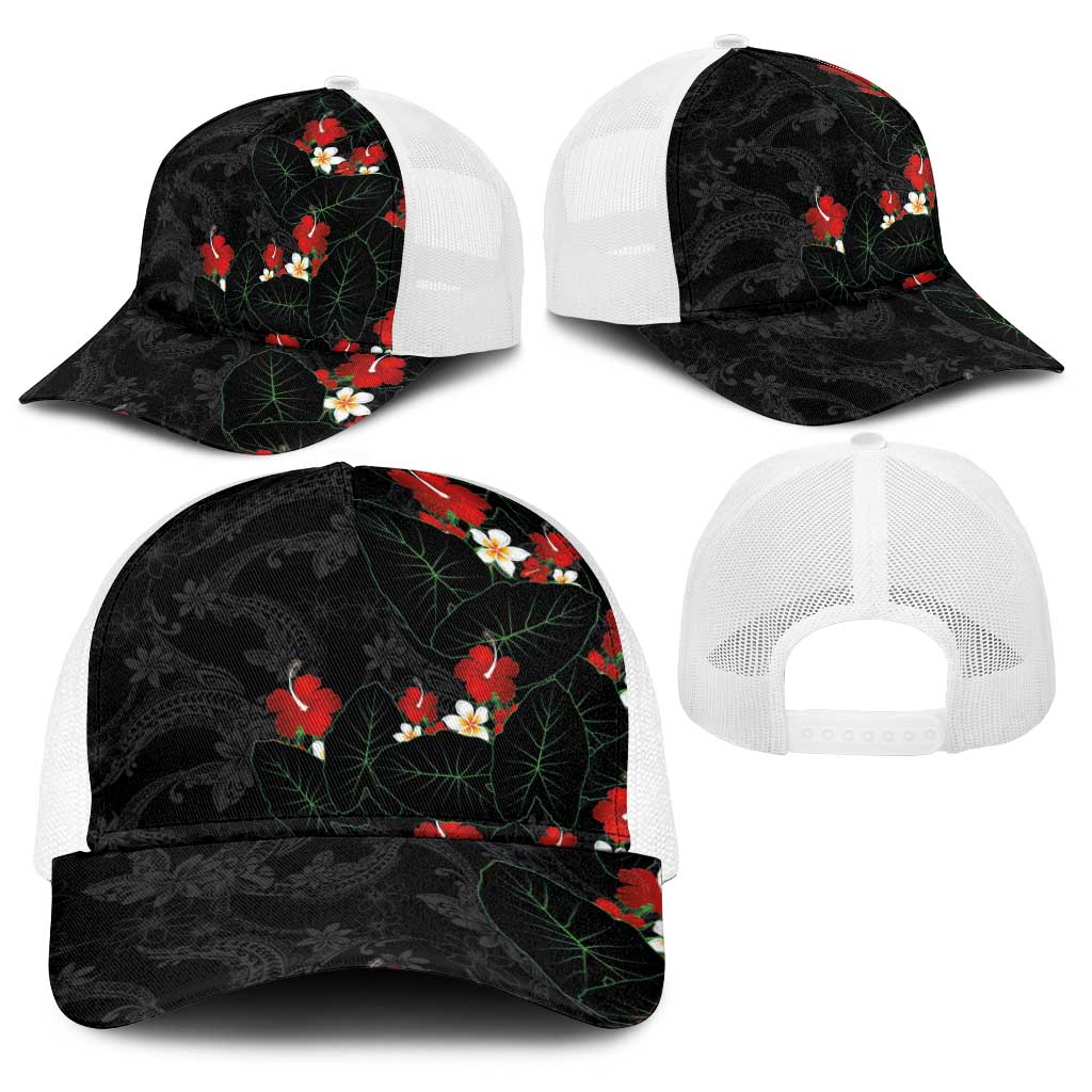 Hawaiian Taro Leaves-Hibiscus and Plumeria Baseball Net Cap Floral Tribal Tattoo Motif