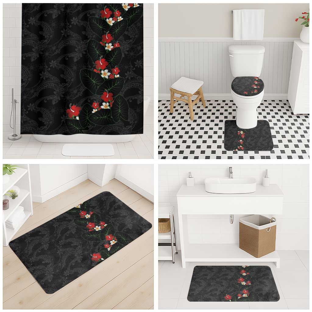 Hawaiian Taro Leaves-Hibiscus and Plumeria Bathroom Set Floral Tribal Tattoo Motif