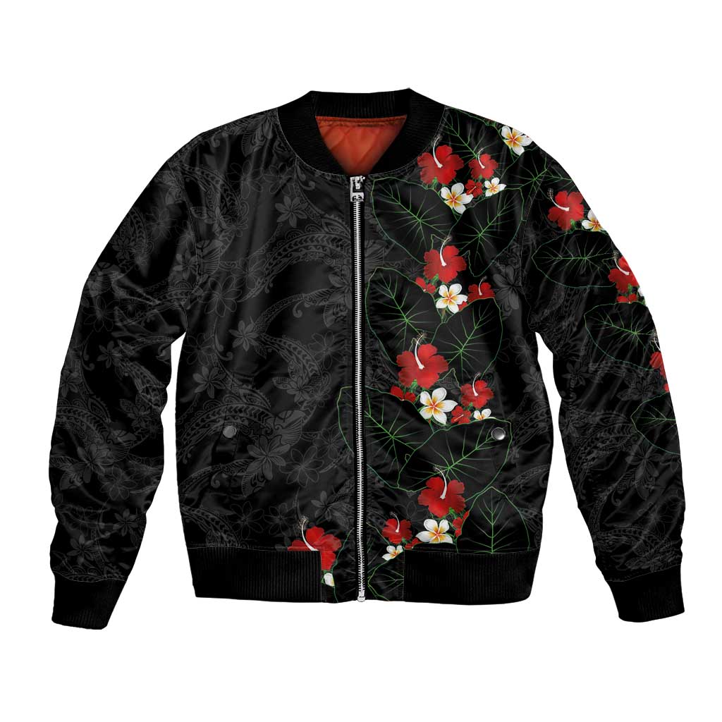 Hawaiian Taro Leaves-Hibiscus and Plumeria Bomber Jacket Floral Tribal Tattoo Motif