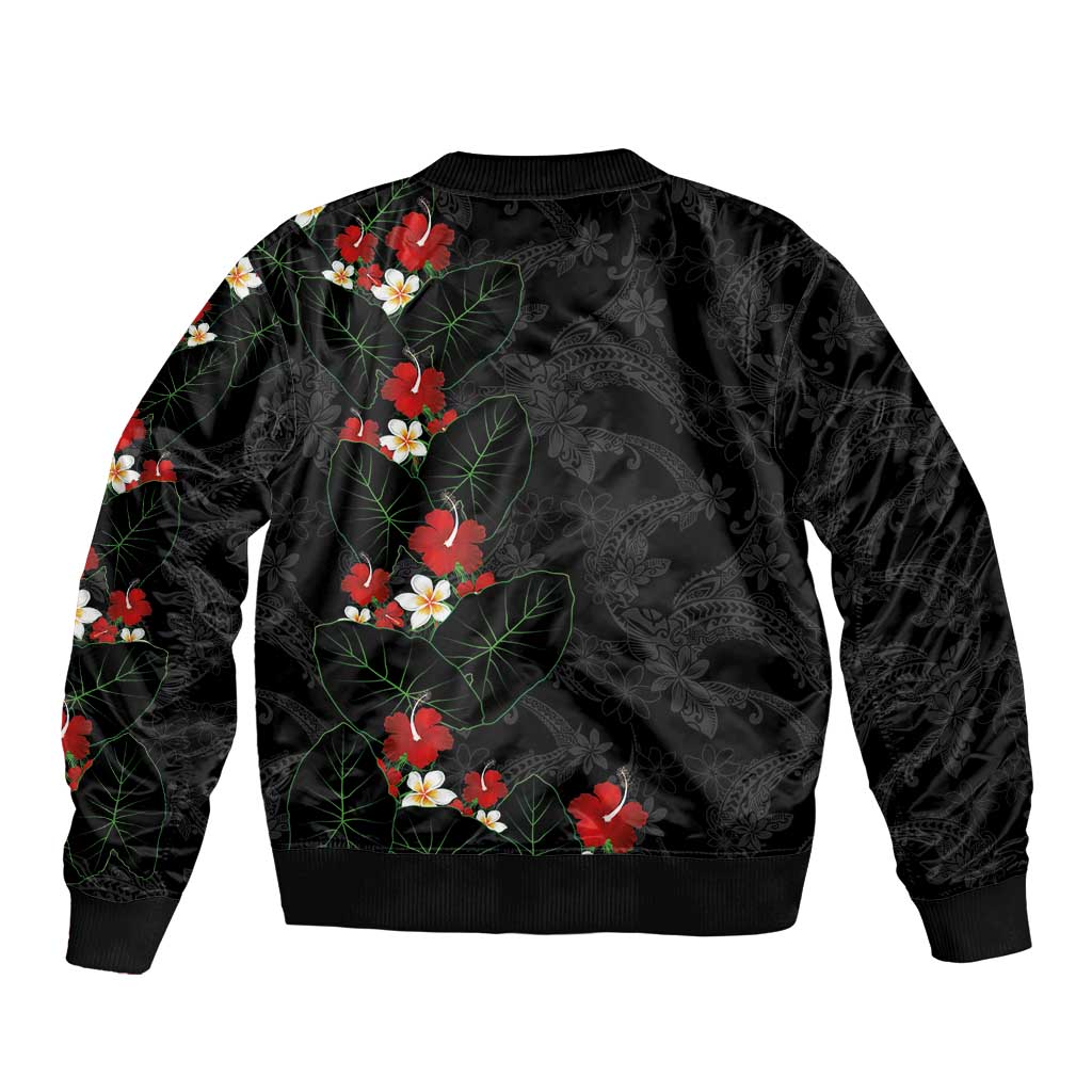 Hawaiian Taro Leaves-Hibiscus and Plumeria Bomber Jacket Floral Tribal Tattoo Motif