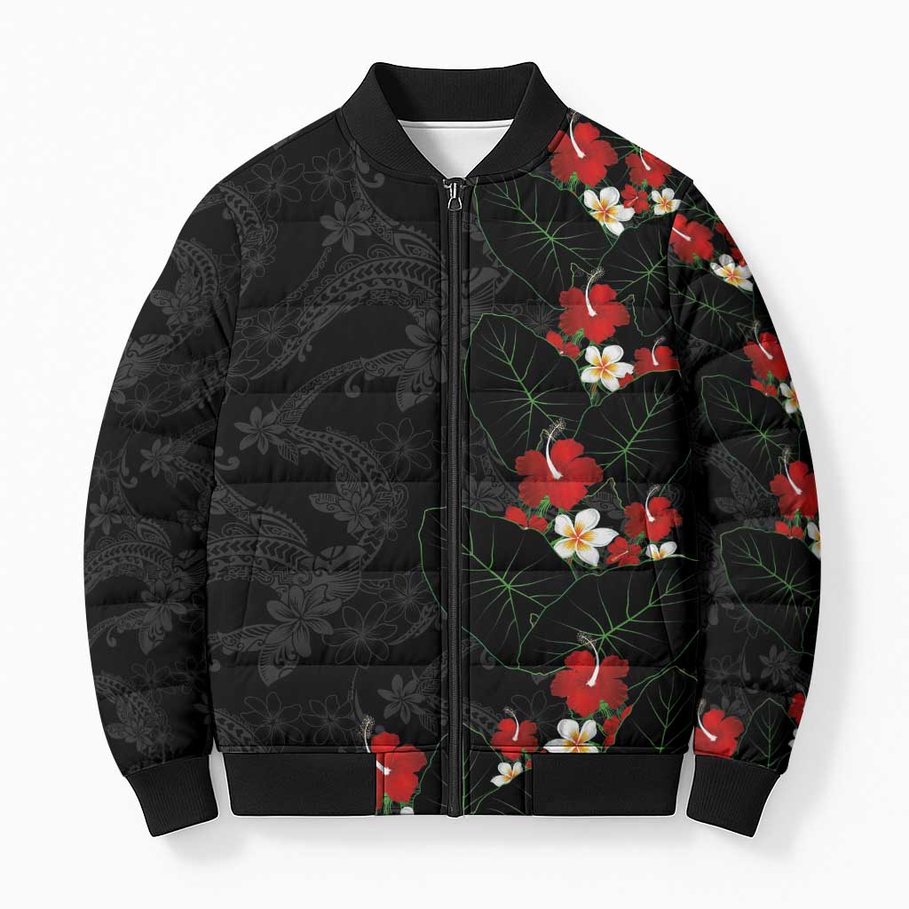 Hawaiian Taro Leaves-Hibiscus and Plumeria Bomber Puffer Jacket Floral Tribal Tattoo Motif